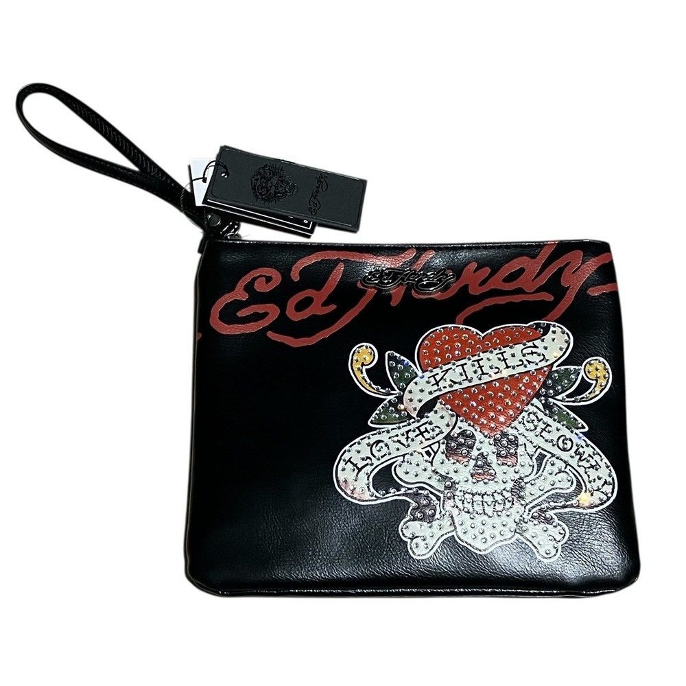 Ed Hardy Black pouch with a‎ bedazzled Red heart and skull.